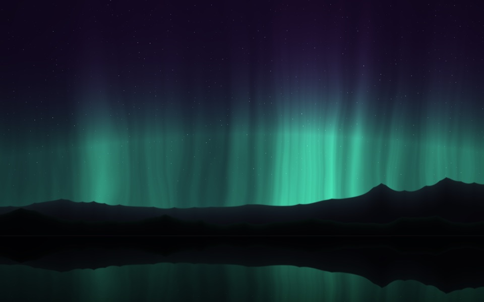 Aurora boreal verde sobre montanhas escuras refletida num lago sob céu estrelado