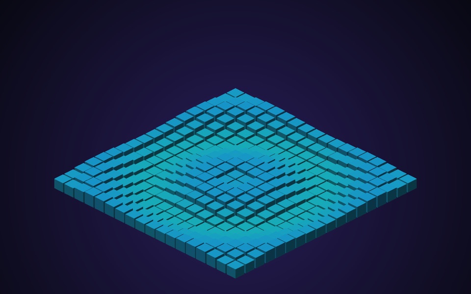 Grade isométrica de cubos azul turquesa sobre fundo roxo escuro