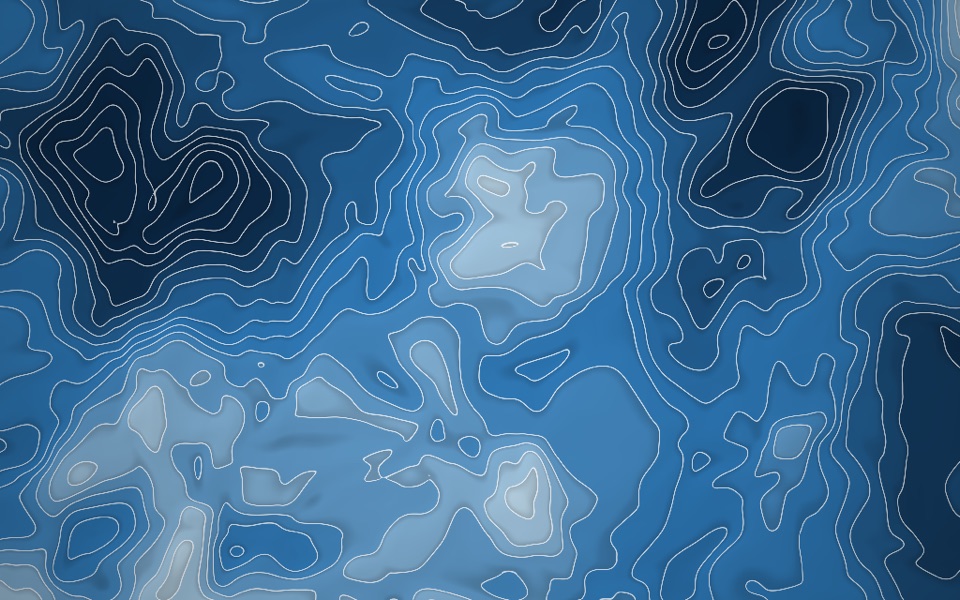 Mapa topográfico em azul-gelo e azul-marinho com curvas de nível brancas