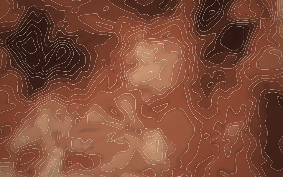Mapa topográfico em tons de terracota e argila com curvas de nível claras