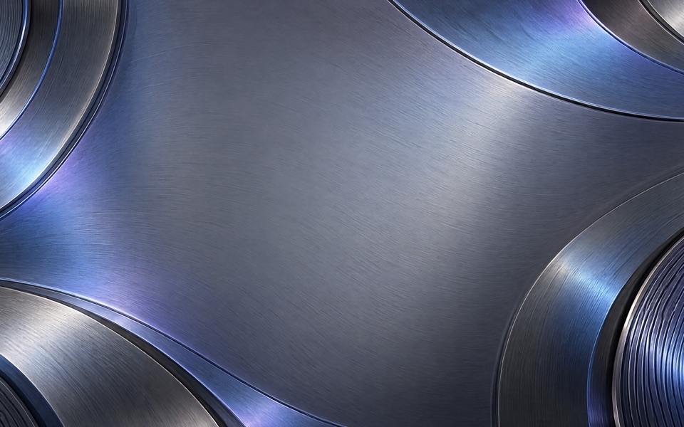 Discos de metal escovado prateado com reflexos violeta e azul