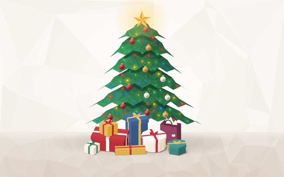 Árvore de Natal low poly com estrela dourada e presentes coloridos sobre fundo claro