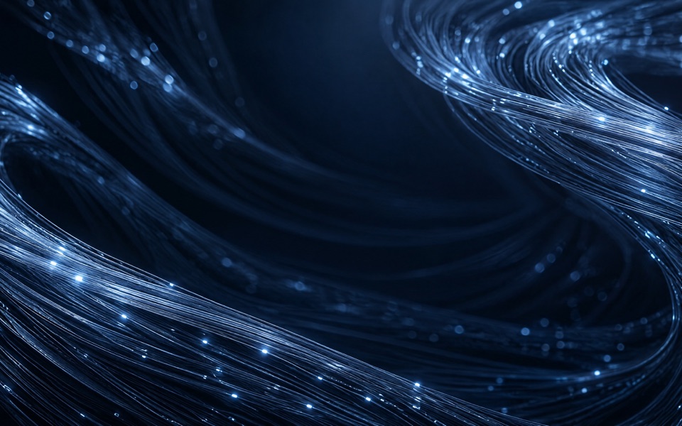Feixes de fibra óptica azul com pontos de luz curvando no escuro