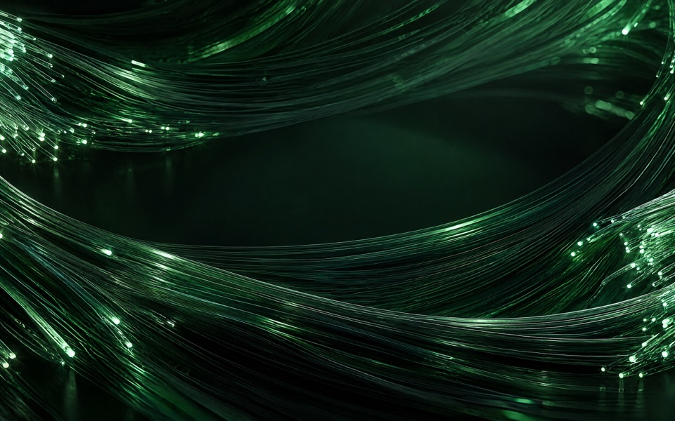 Fios de fibra óptica verdes com pontas luminosas curvando no escuro