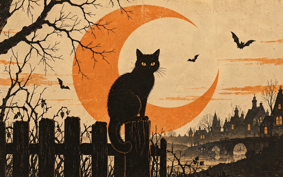 Gato preto sentado na cerca diante de uma lua crescente laranja, com morcegos