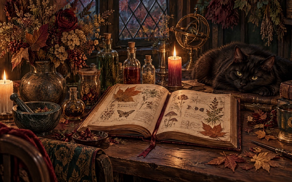 Livro de ervas aberto entre velas, frascos de poções, folhas secas e um gato preto