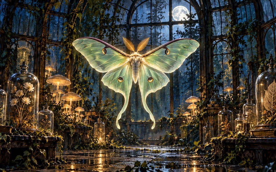 Mariposa luna verde e brilhante numa estufa antiga com cogumelos luminosos ao luar