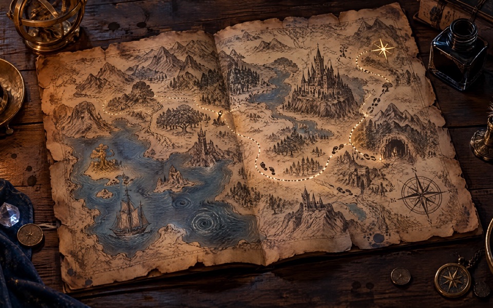 Mapa de fantasia em pergaminho com castelo, navio e rosa dos ventos sobre mesa