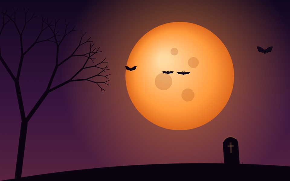 Lua laranja gigante com morcegos, árvore seca e lápide sob céu roxo