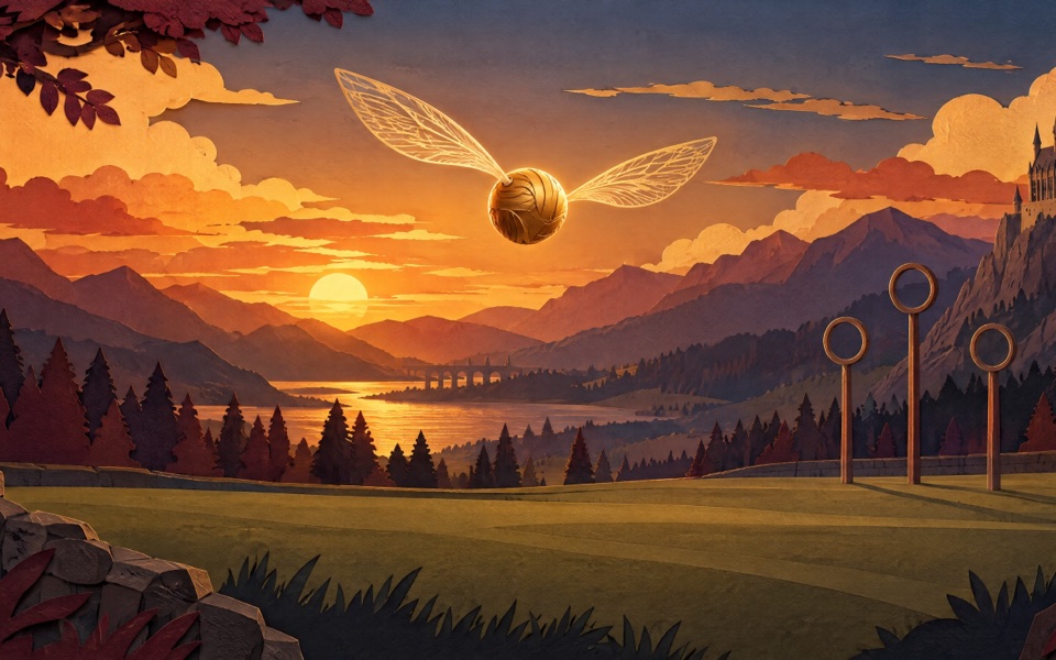 Bola dourada com asas voando sobre campo com três aros altos ao pôr do sol