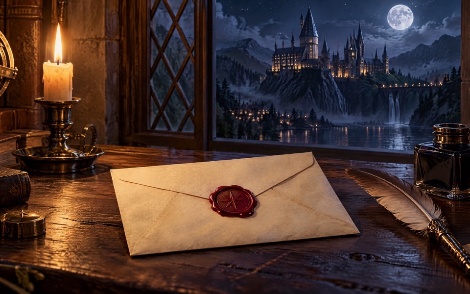 Envelope lacrado com selo de cera vermelha, pena e vela diante de um castelo