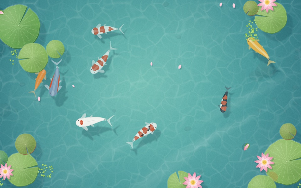 Carpas koi nadando em lago verde-água com vitórias-régias e flores de lótus