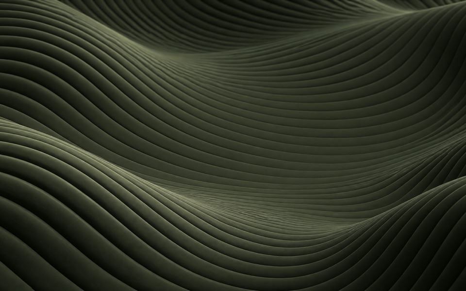 Ondas de tecido verde-oliva com sulcos paralelos em dunas suaves